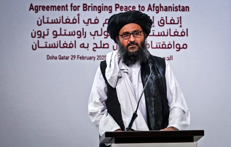 Image: Taliban co-founder Mullah Abdul Ghani Baradar speaks at a signing ceremony of the U.S.-Taliban agreement in Qatar's capital Doha on Feb. 29, 2020.