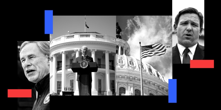 Photo illustration: Greg Abbott, Joe Biden speaking in front of the White House, the Capitol dome and Ron DeSantis.