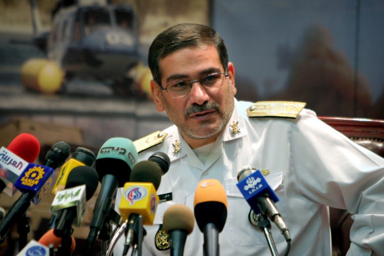 Iranian outgoing Defence Minister Shamkhani speaks during news conference at Defence Ministry in Tehran.