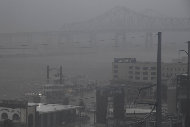 Rain batters downtown New Orleans on Aug. 29, 2021, after Hurricane Ida made landfall.