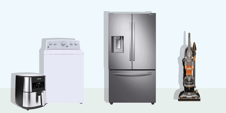 Illustrated gif of an open and closing fridge, a top loader washer, an air fryer and a Hoover vacuum