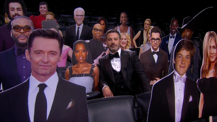 Jimmy Kimmel, a host without an audience (outside of cardboard cut-outs) during the 2020 Emmy ceremony. 