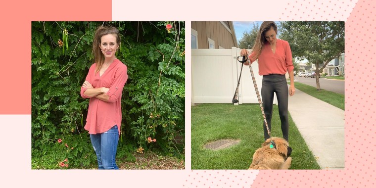 Writer Katie Jackson wearing a pink tunic outside, from Amazon and walking her dog in the tunic