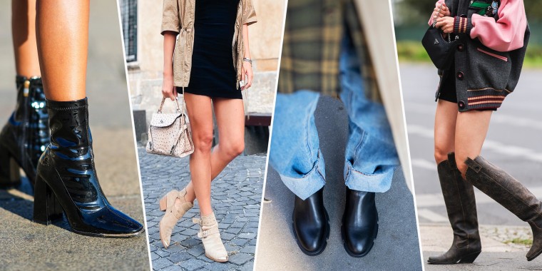 Overhead of someone wearing plaid and black boots, studded block heels ankle boots, beige Diesel boot and someone wearing stylish black shiny leather pointed block heels ankle boots