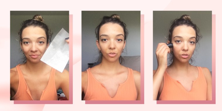 Three images of Writer Cailey Rizzo using different oil blotter products and showing her skin after