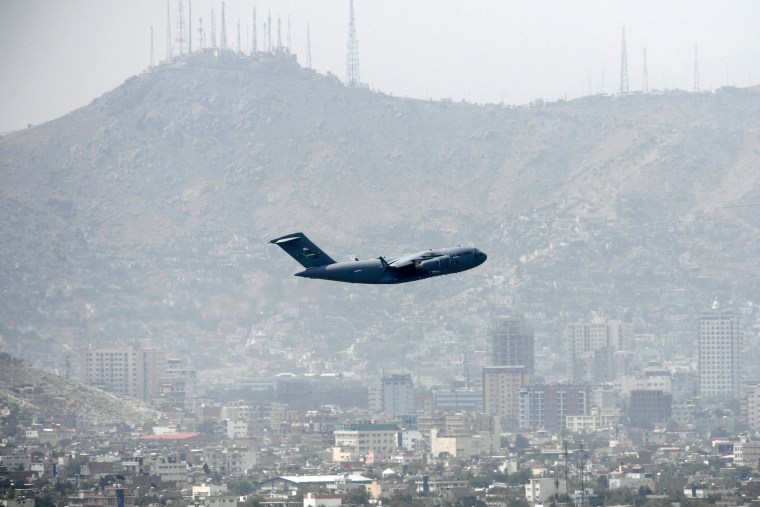 A U.S. Air Force aircraft takes off from the airport in Kabul on Aug. 30, 2021.