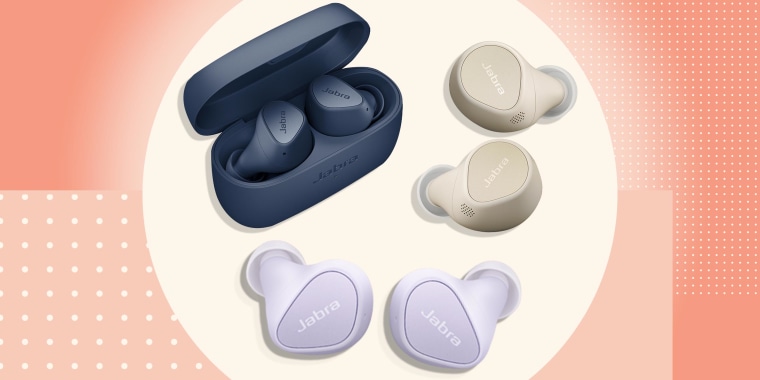Illustration of Jabra Elite headphones in blue, gold and purple