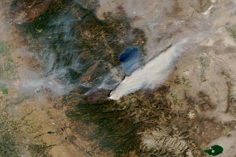 This satellite image shows an overview of the wildfires at Lake Tahoe, Calif., on August 29, 2021.