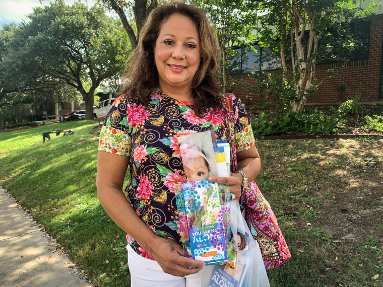 Teresa Cathcart, 55, who drives an hour from Spring Branch twice a week to speak to women entering Alamo Women's Reproductive Services.