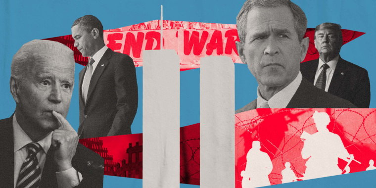 Illustration of Presidents Joe Biden, Barack Obama, George W. Bush and Donald Trump, cutouts of the Twin Towers and photos of anti-war protests and soldiers.