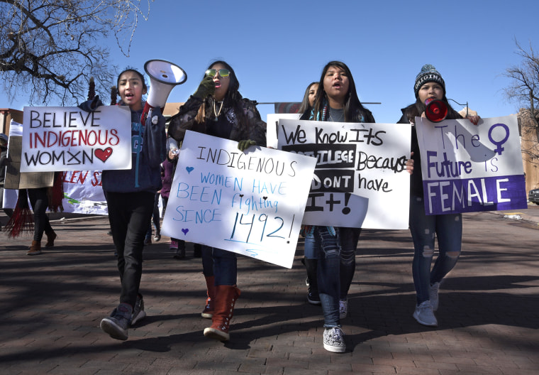 Image: Native American women march in Santa Fe, N.M., on Jan. 19, 2019.