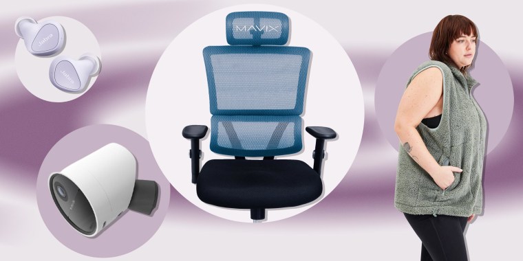Illustration of SimpliSafe wireless outdoor camera, Mavix Gaming chair, new Jabra headphones in purple and Woman wearing the Girlfriend Collective fleece
