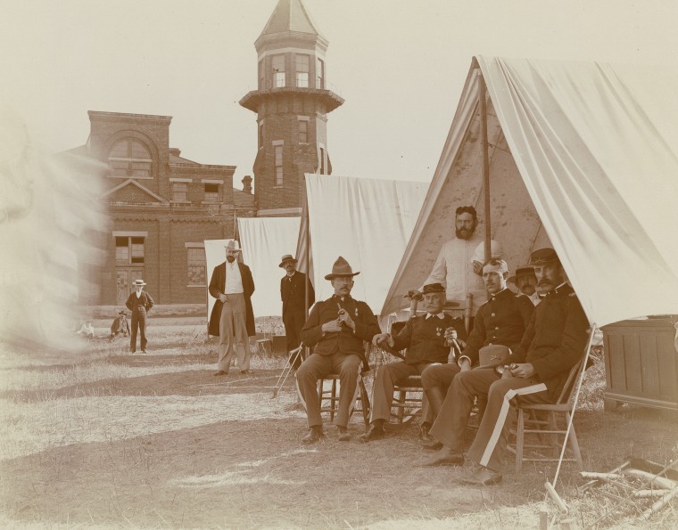 Troops sit outside their tents during the Pullman Railroad Strike in Chicago in 1894.