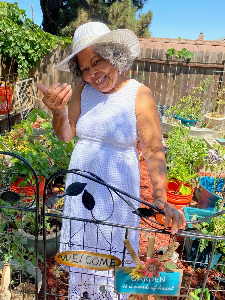 Lagetta Wayne, 78, in her garden in Suisun City, California, on Aug. 10, 2021.