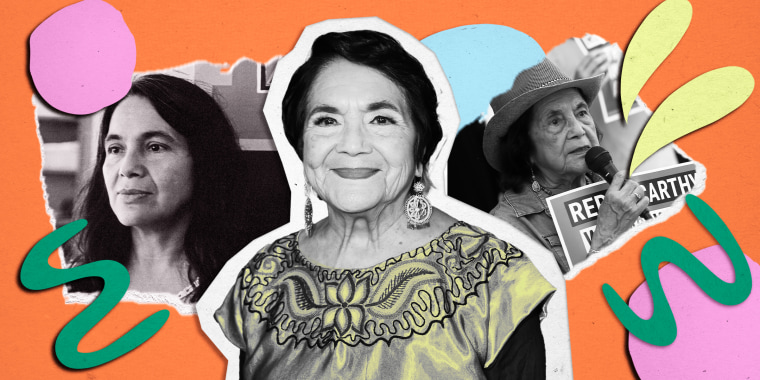 Collage of photos of Dolores Huerta on orange background