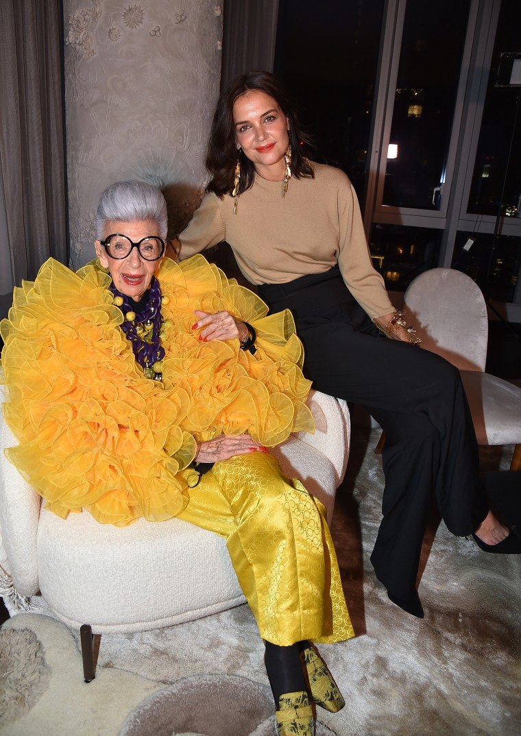 Iris Apfel and Katie Holmes attend Iris Apfel's 100th Birthday Party at Central Park Tower on September 09, 2021.