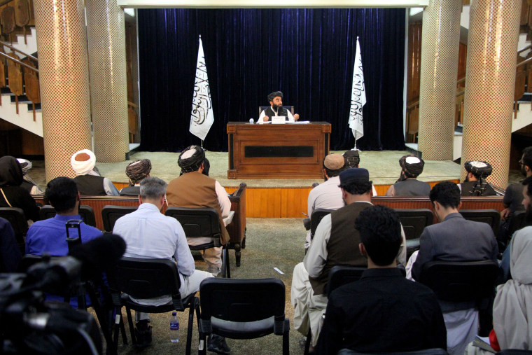 Taliban spokesman Zabihullah Mujahid speaks during a press conference in Kabul, Afghanistan, on Sept. 7, 2021.