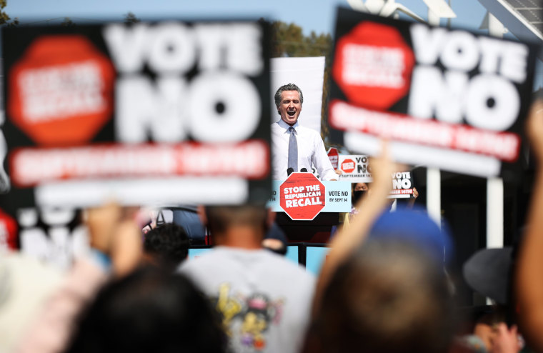 California Gov. Gavin Newsom speaks against the recall election at a rally with Vice President Kamala Harris in San Leandro, Calif., on Sept. 8, 2021.