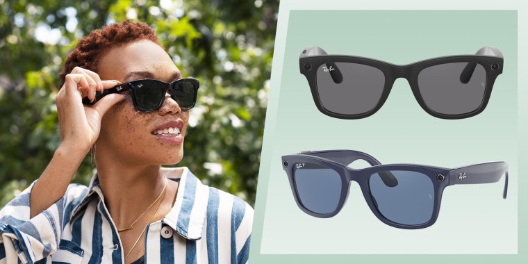 Illustration of a Woman wearing the new Ray-Ban Smart Glasses and two pairs of the glasses in black and blue