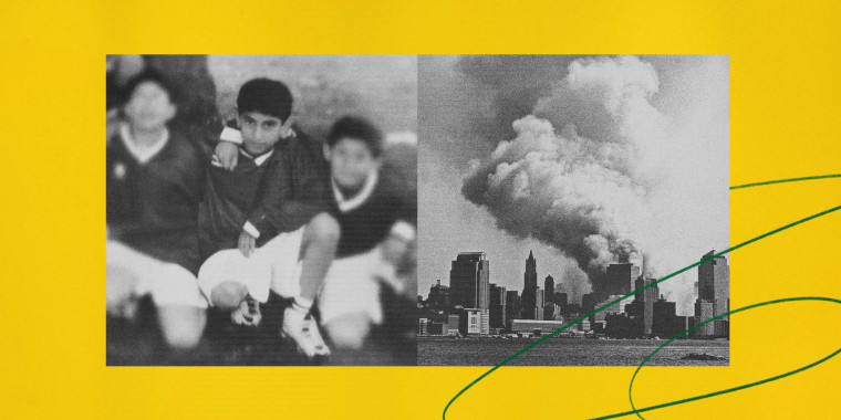 Image: Illustration of Ahmed Twaij as a boy in London in 1998, and smoke billows from the wreckage of ground zero after the 9/11 terror attacks in New York.