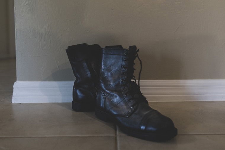 Image: Boots worn on 9/11 by Jennifer Waddleton are seen at her home on Sept. 9, 2021 in Lehigh Acres, Fla.