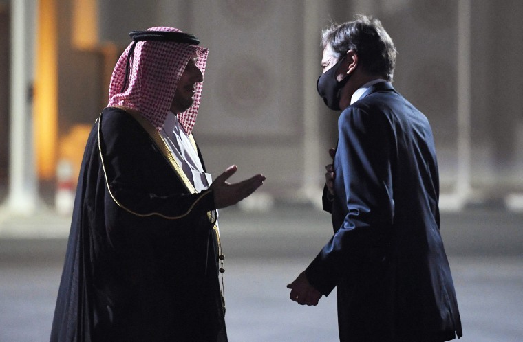 Secretary of State Antony Blinken is welcomed upon his arrival by MFA Director of Protocol Ambassador Ibrahim Fakhroo at Old Doha Airport in Qatar's capital on Sept. 6, 2021.