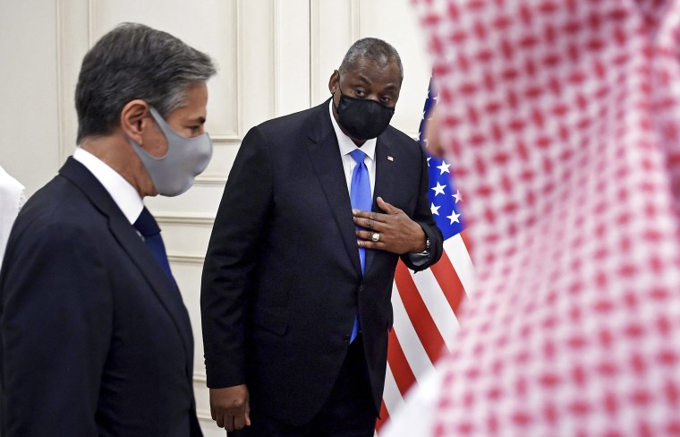 Secretary of State Antony Blinken and Secretary of Defense Lloyd Austin arrive for a joint press conference at the Ministry of Foreign Affairs in Doha, Qatar, on Sept. 7, 2021.