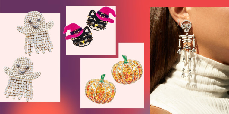 Illustration of four different types of Halloween inspired earrings. A Woman wearing Skeletons, pumpkins, cats wearing hats and mini ghosts