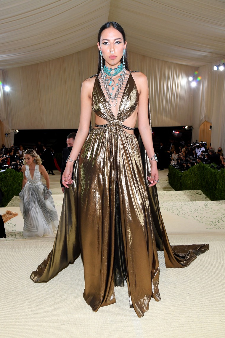 Quannah Chasinghorse wore a metallic gown with turquoise jewelry and accessories. 