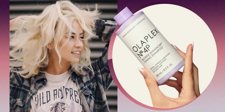 Woman playing with her blonde hair outside and a bottle of the Olaplex No. 4P Shampoo