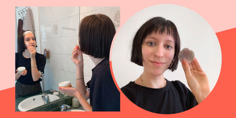 Split before and after image of writer Daniella Musacchio, who used dJunoco Cleansing balm to remove her makeup