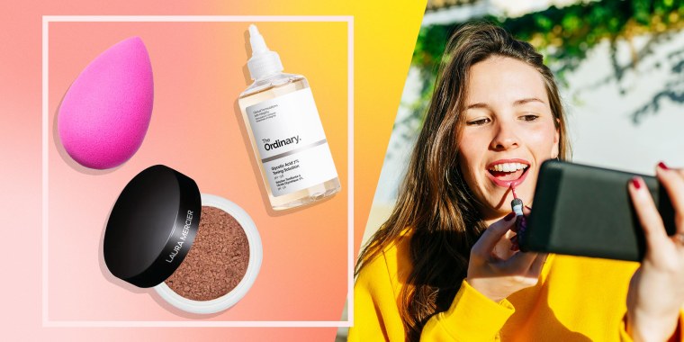 Illustration of a Beauty Blender, Laura Mercier Translucent Loose Setting Powder, The Ordinary Glycolic Acid 7% Toning Solution and a Woman looking at a phone while putting on lip gloss