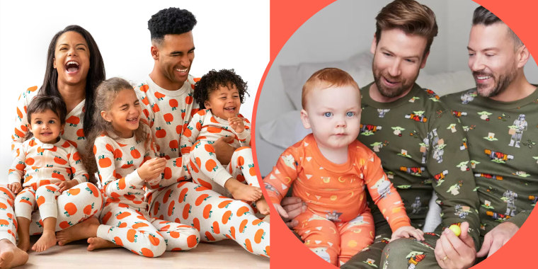 Collage of families wearing halloween pijamas