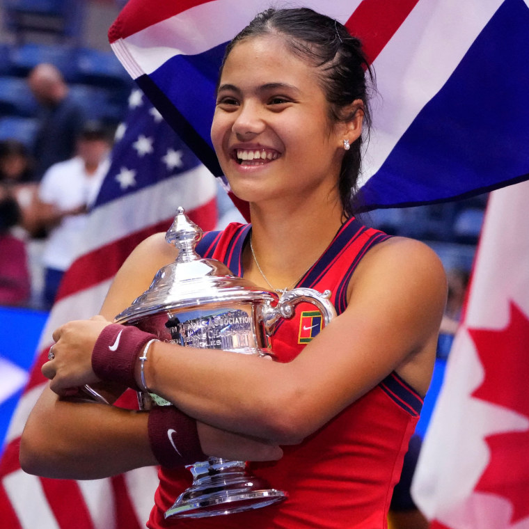 Britain's Emma Raducanu celebrates with the trophy after winning the 2021 US Open Tennis tournament women's final match against Canada's Leylah Fernandez.