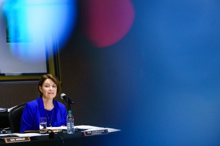 Sen. Amy Klobuchar, D-Minn., attends a Senate Rules Committee Georgia Field Hearing on the right to vote in Atlanta on July 19, 2021.
