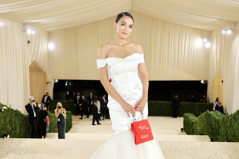Rep. Alexandria Ocasio-Cortez, D-N.Y., departs The 2021 Met Gala Celebrating In America: A Lexicon Of Fashion on Sept. 13, 2021, in New York.