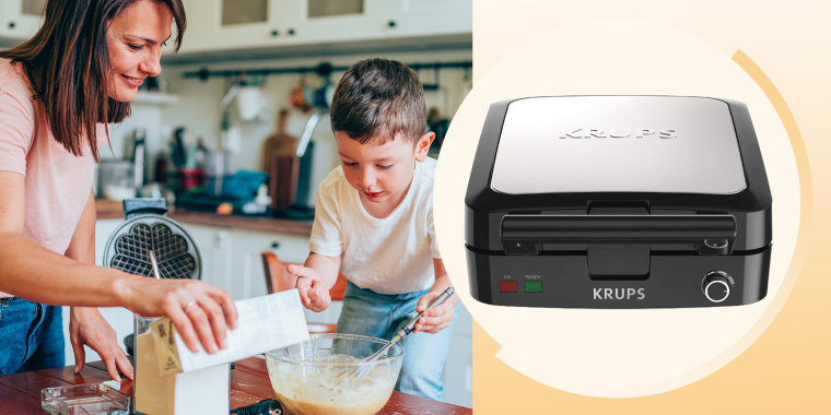 Mother and son making waffles in kitchen and image of a Krups waffle maker