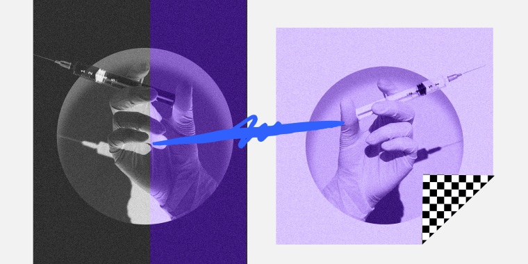 Photo illustration: Hands holding syringes facing in opposite directions.