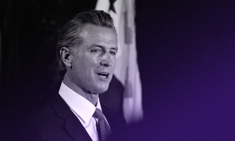 California Governor Gavin Newsom makes an appearance after the polls close on the recall election, at the California Democratic Party headquarters in Sacramento, California. on Sep. 14, 2021.