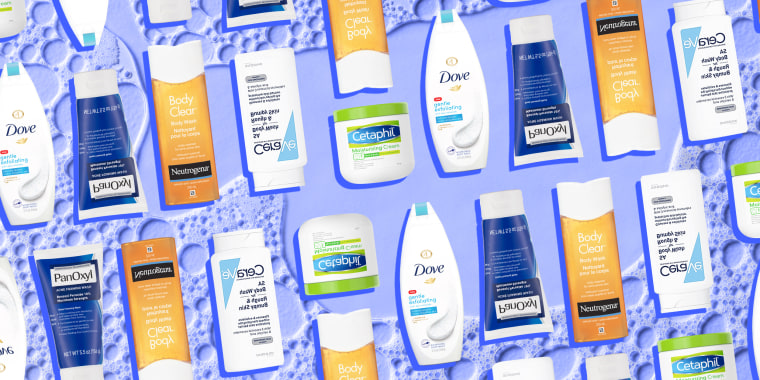 Illustration of different types of Back Acne products against a bubble background