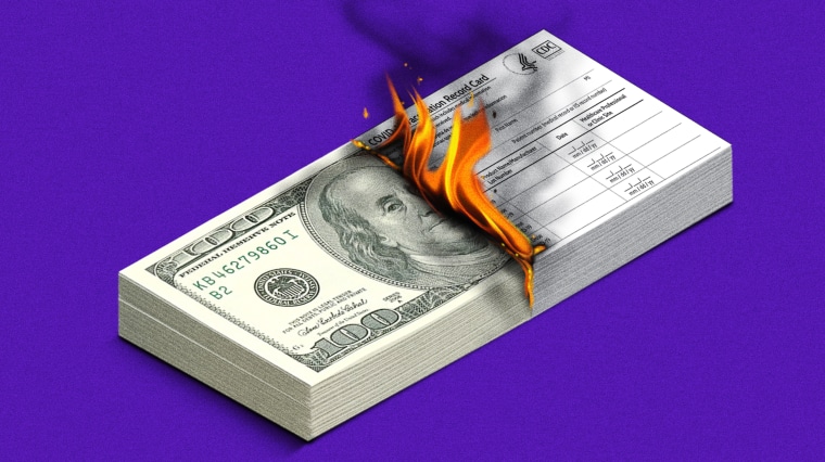 Illustration of a stack of $100 dollar bills as a stack of Covid-19 vaccination record cards burns away.