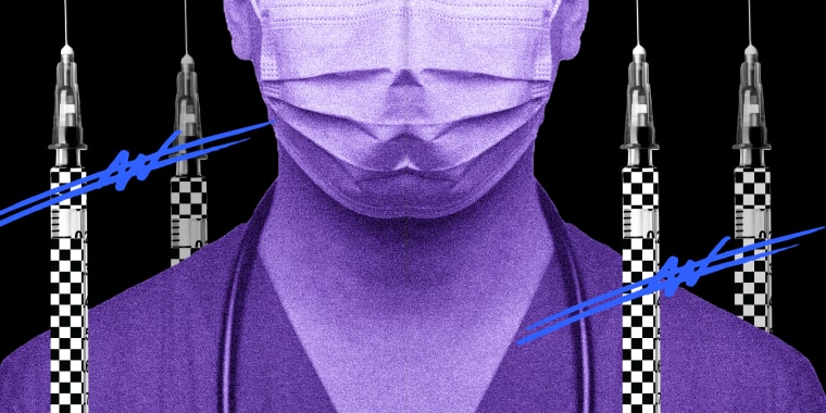 Photo illustration: A doctor wearing a mask surrounded by syringes with scribbles over them.
