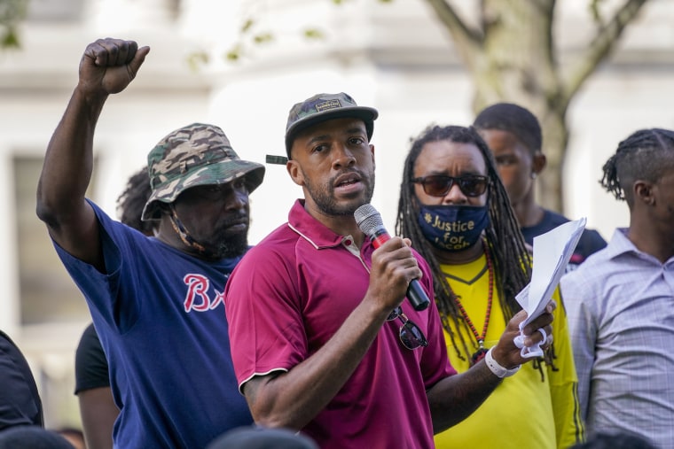 Wisconsin Lt. Gov. Mandela Barnes speaks at a rally for Jacob Blake in Kenosha, Wis., on Aug. 29, 2020.