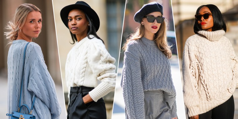 Four images of stylish woman wearing cable knit sweaters and cardigans