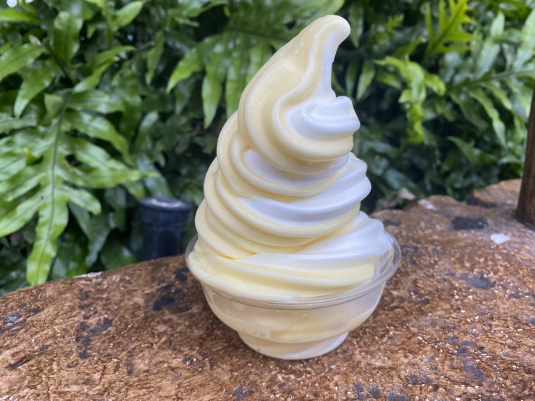 This coconut and pineapple swirl Dole Whip is available at Aloha Aisle in Magic Kingdom Park.