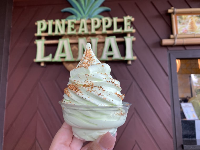 The secret to Pineapple Lanai's delicious Dole Whips may be the Tajin chili lime seasoning they provide as a topping.