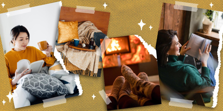 Images of a cozy woman drinking from a mug, two feet in fuzzy socks cozy by a fire, Woman laying in a chair reading a book and a lifestyle of a coffee mug and French press on a tray