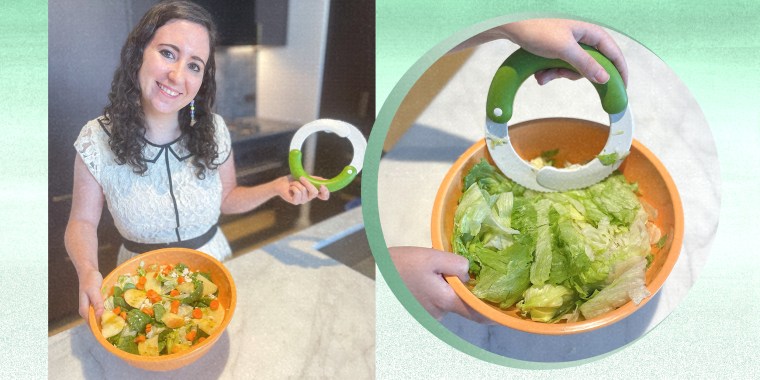 Two images of Writer Abigail Barr using a salad chopper famous on TikTok to chop up romaine lettuce, and a completed chopped salad