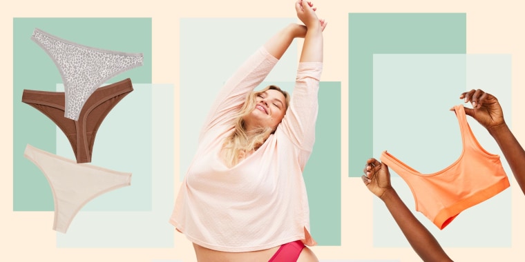 Image of a Woman, woman holding a sport bra and different color thongs, from the new Old Navy line of sleepwear and intimates
