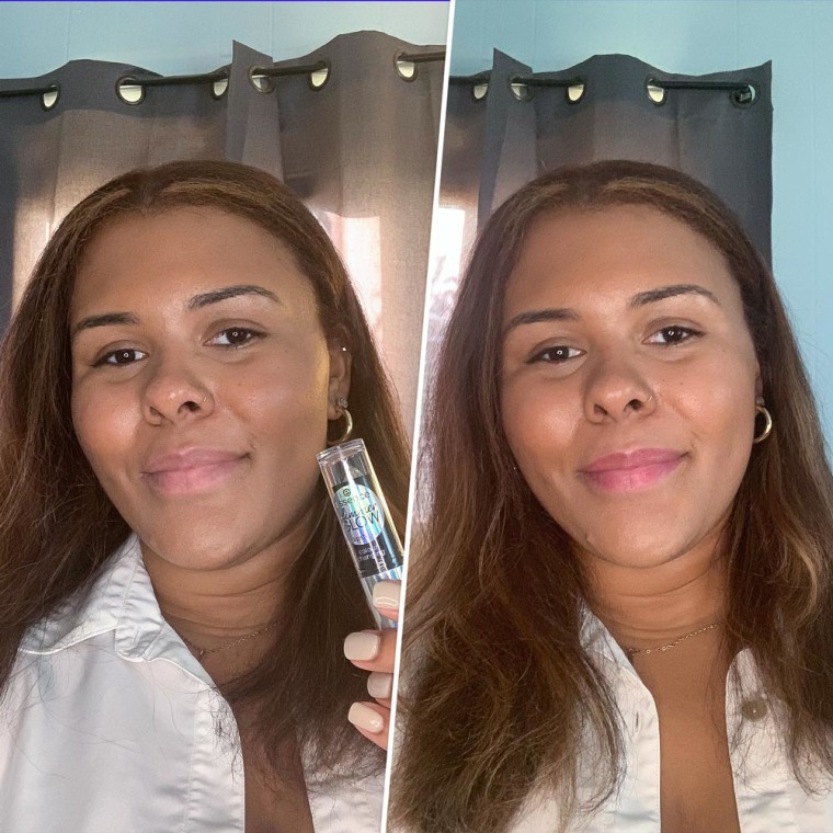 Before and after image of writer Kamari Stewart wearing the Essence Glimmer Glow Lipstick